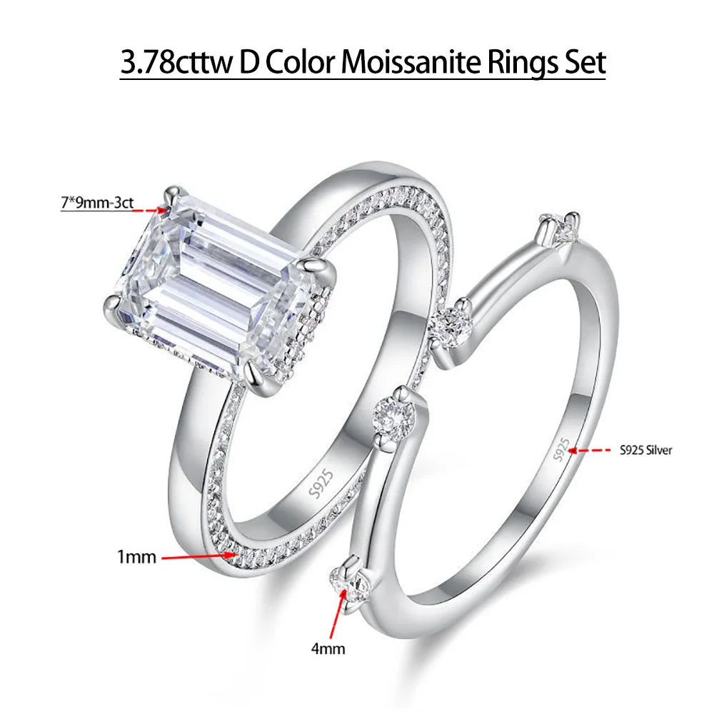 3ct Emerald Moissanite Rings Set Fine Jewelry 100% S925 Sterling Silver Rings Plated 18K Band for Women Wedding Bridal