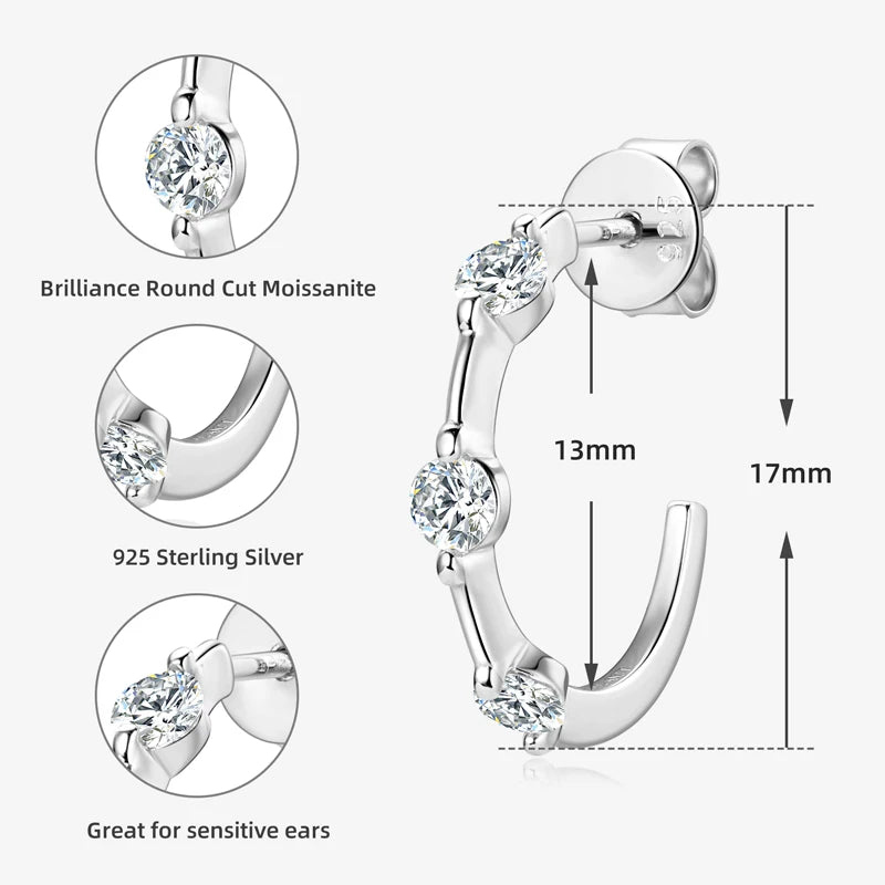 Certified 3mm Moissanite Earrings for Women 925 Sterling Silver Unique C-shaped Stud Earring