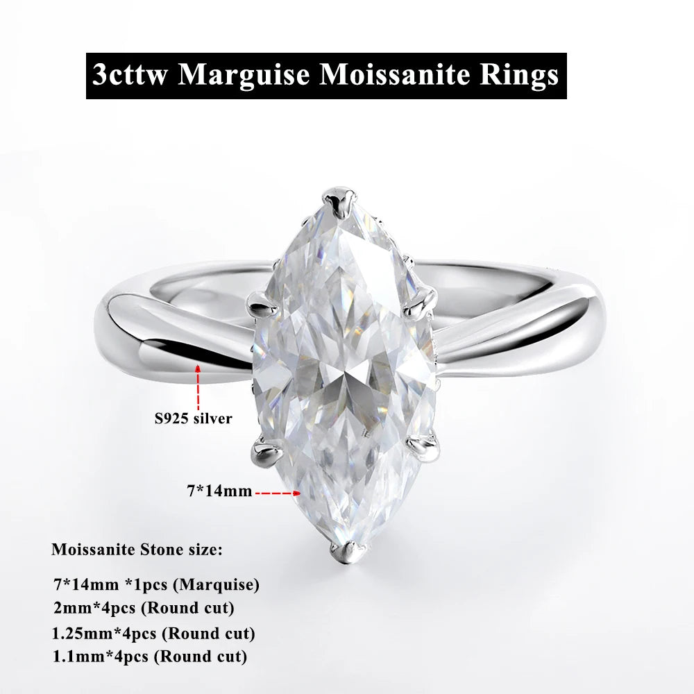 4cttw Marquise Cut D Color Moissanite Rings For Women Wedding Bridal S925 Sterling Silver