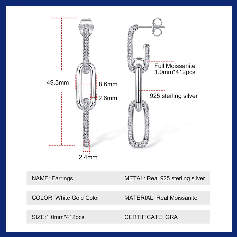18k Plated All Moissanite Earrings 925 Sterling Silver Paperclip Link Drop Dangle Earrings for Women Trendy Jewelry