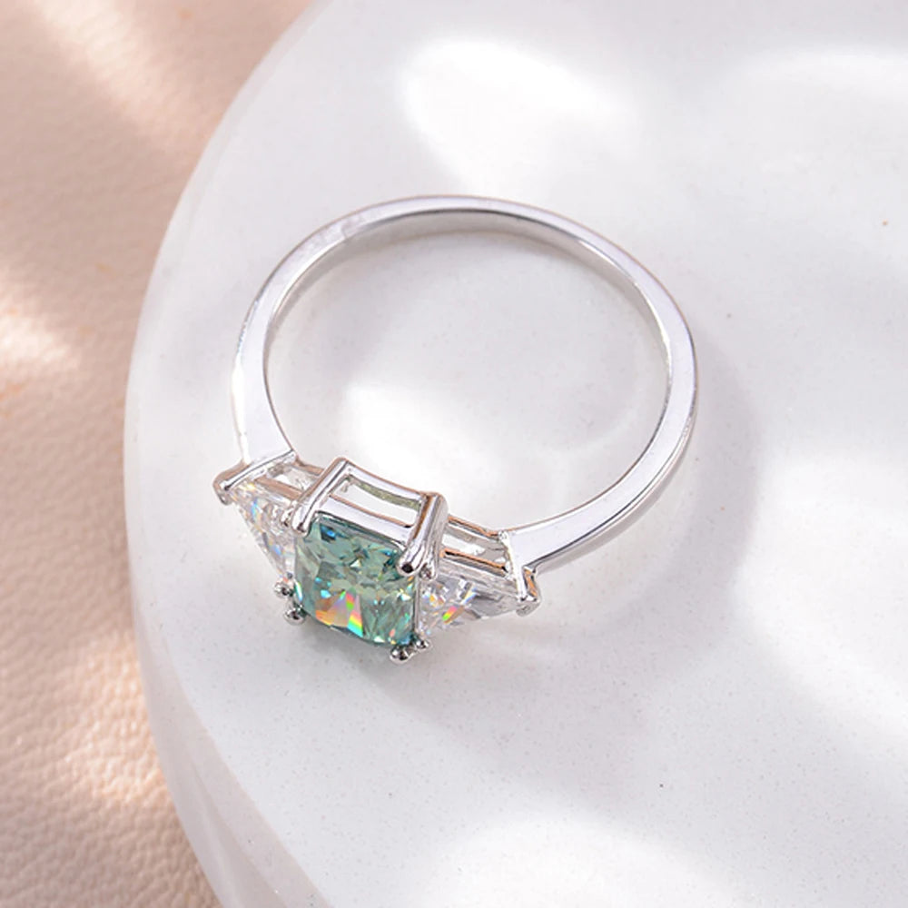 Moissanite Rings For Women 100% S925 Sterling Silver Plated 18K 6*8mm Green Radiant Cut