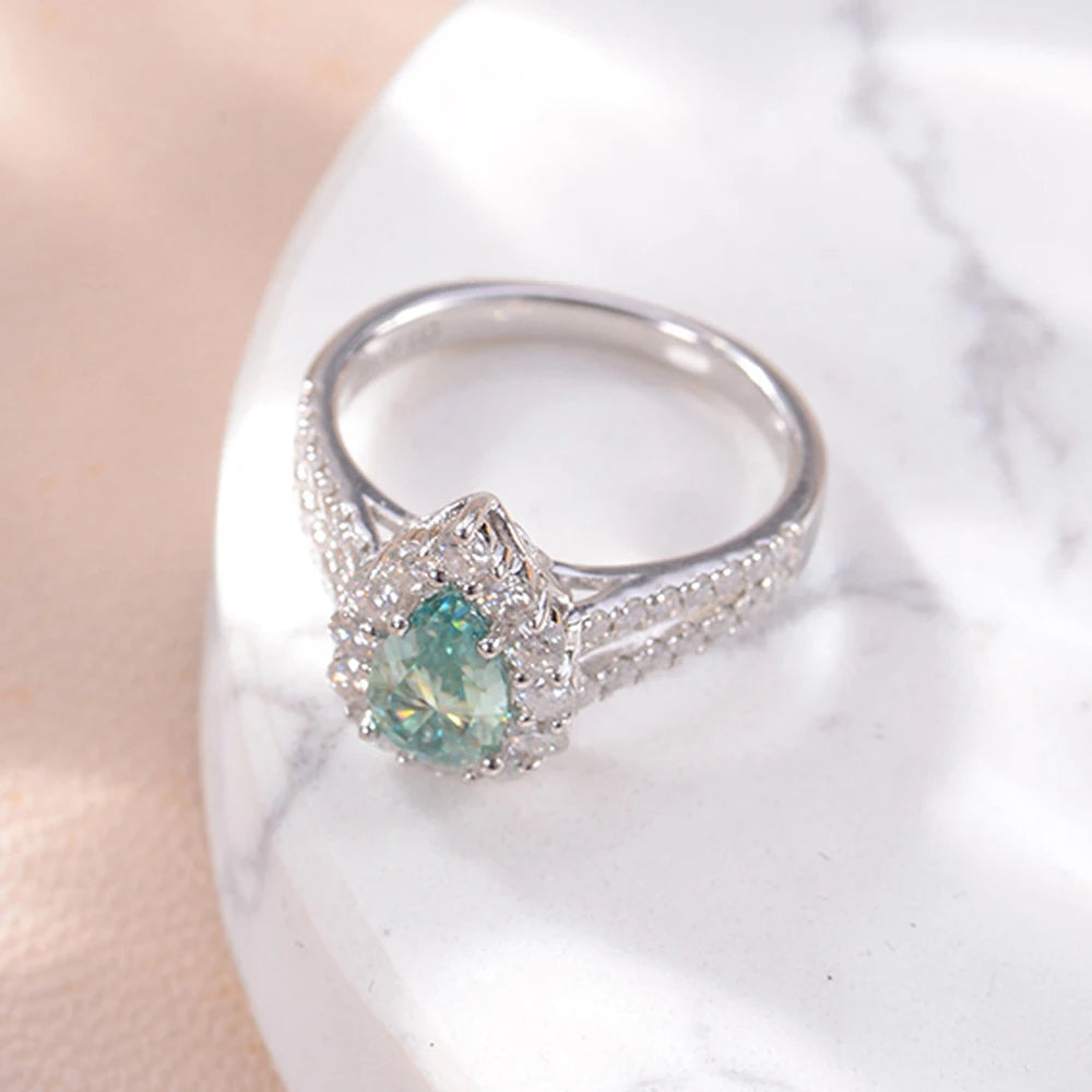 Moissanite Rings For Women Party Gift 100% S925 Sterling Silver Plated 18K 1ct Pear Cut Green