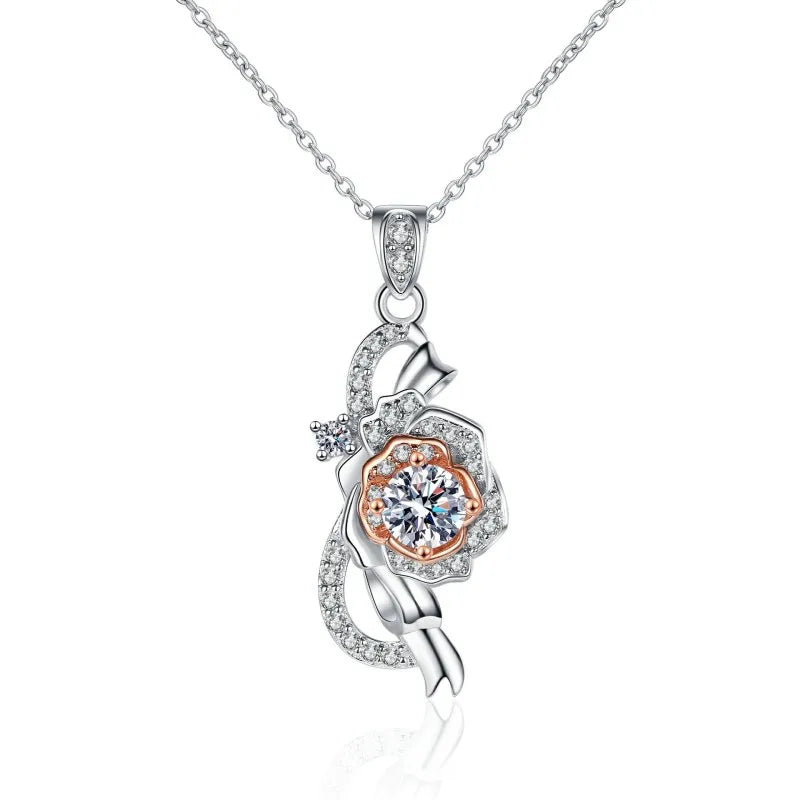 Quality Platinum PT950 girls rose flower necklace with 0.5ct Moissanite Pendant for Women D Color Sparkling Diamond fine Jewelry