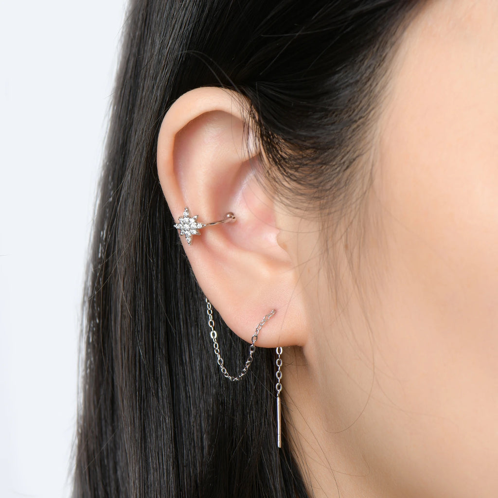 925 Sterling Silver Ear Cuff Earrings Chain for Women Full Moissanite Drop Dangle Ear Stud Star Crawler Wrap Earrings Jewelry