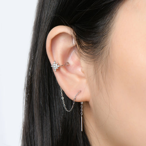 925 Sterling Silver Ear Cuff Earrings Chain for Women Full Moissanite Drop Dangle Ear Stud Star Crawler Wrap Earrings Jewelry