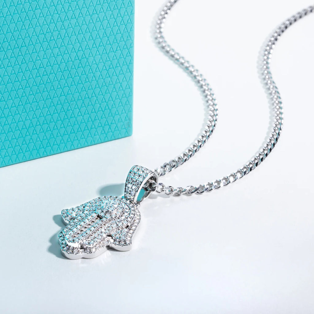 Iced-Out Moissanite Palm Pendant – 925 Silver Hip Hop Necklace