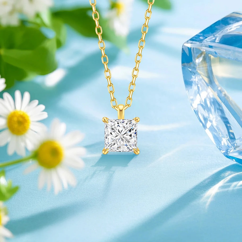 2ct Princess Cut Moissanite Necklace 14k Gold Wedding Jewelry