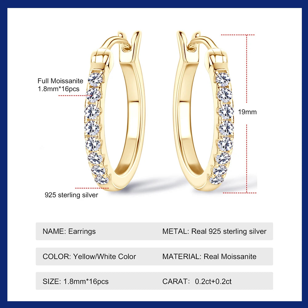 Hoops 1.8mm Moissanite Earrings For Women Real 925 Sterling Sliver Plated Yellow Gold Hoop Earring Fine Jewelry Christmas Gifts
