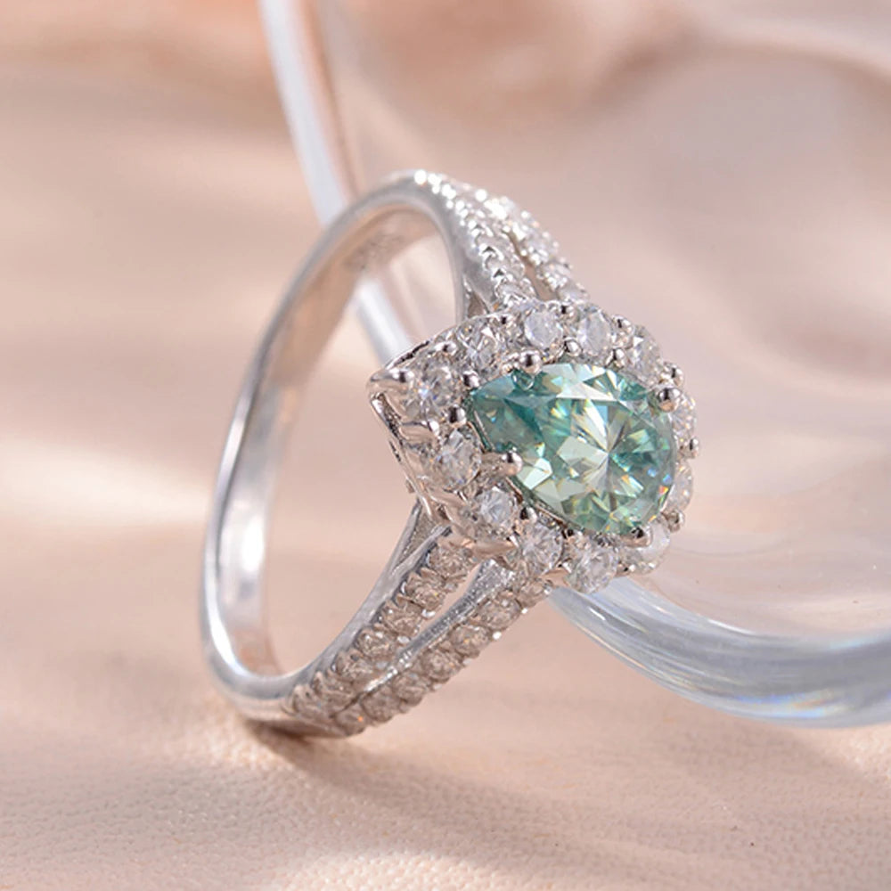 Moissanite Rings For Women Party Gift 100% S925 Sterling Silver Plated 18K 1ct Pear Cut Green