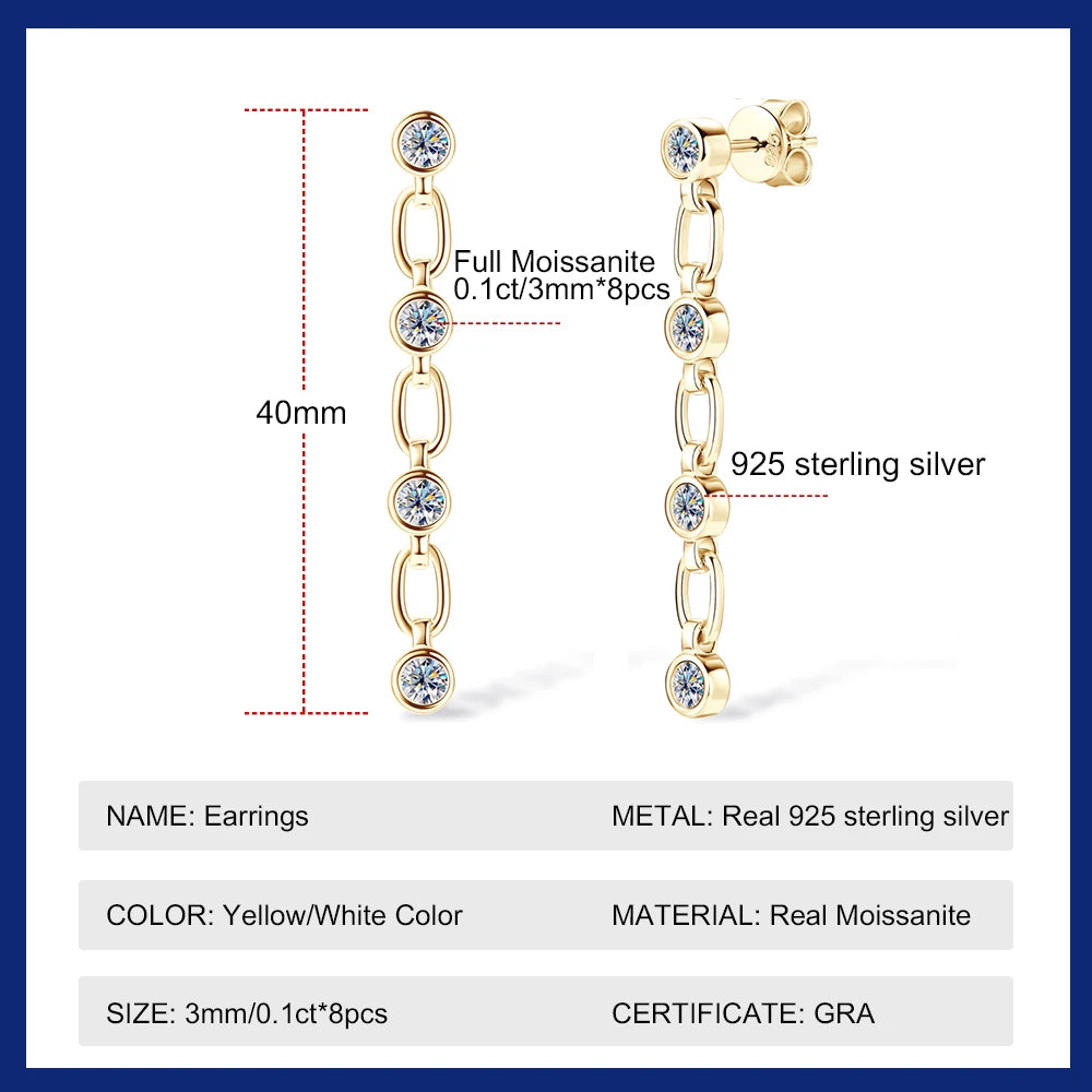 3mm Moissanite Dangle Earring For Women 925 Sterling Silver Long Drop Earrings 14K Gold Plated Hypoallergenic Jewelry