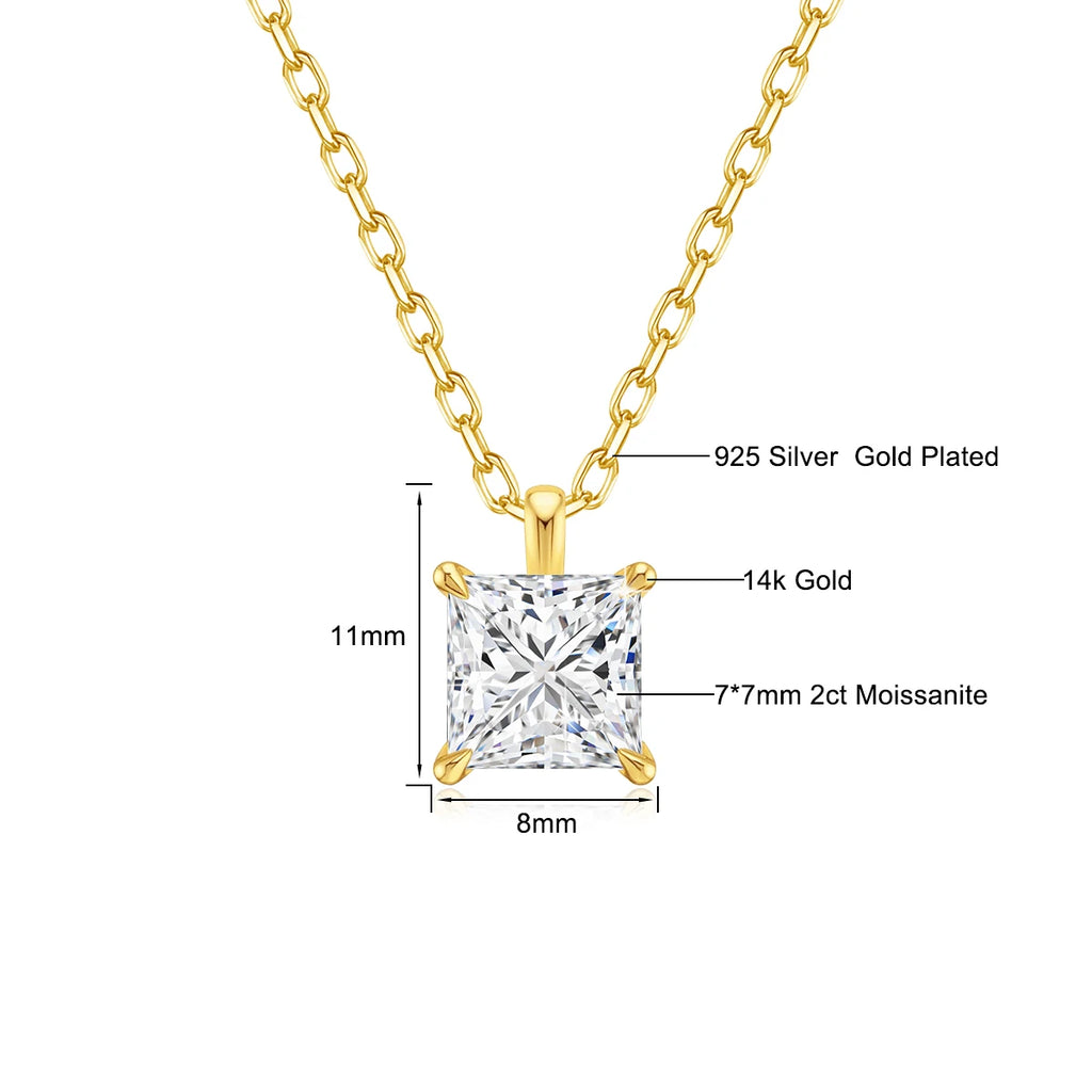 2ct Princess Cut Moissanite Necklace 14k Gold Wedding Jewelry