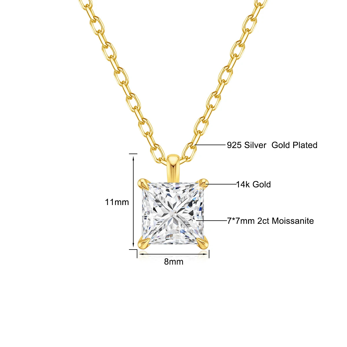 2ct Princess Cut Moissanite Necklace 14k Gold Wedding Jewelry
