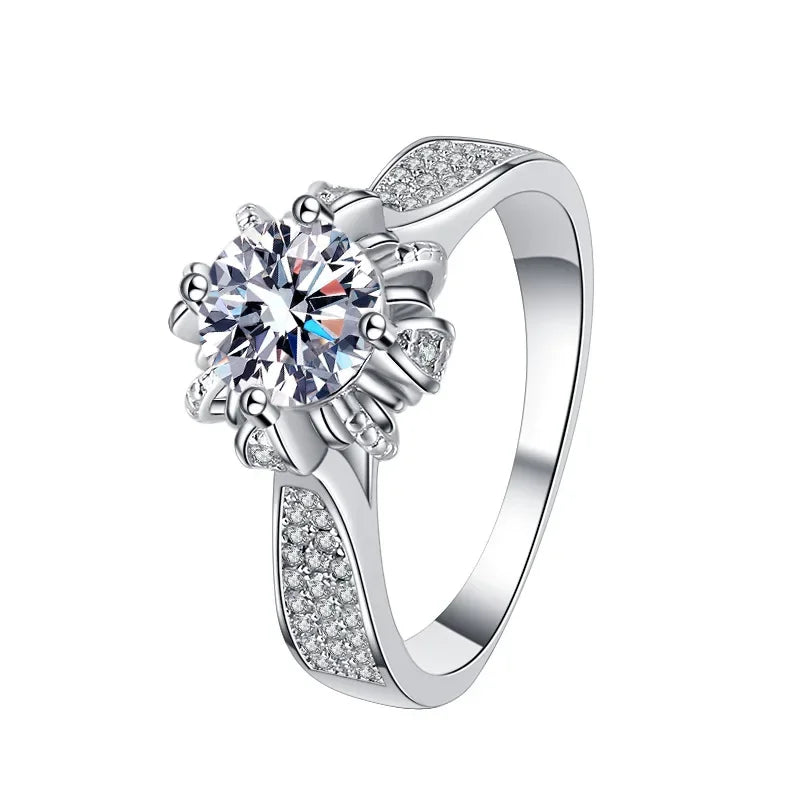 925 Sterling Silver Woman Ring 1 Carat Moissanite Wedding Jewelry Four-claw Flower Shape Group Diamond