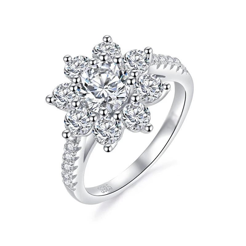 Moissanite Diamond Ring Woman 925 Sterling Silver Sunflower Flower Shape 2 Carats D Color Engagement Wedding Jewelry