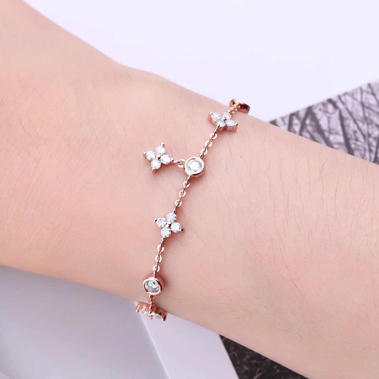 Moissanite Bracelets for Women GRA Certified s925 Sterling Sliver Dainty Clover Bracelets Adjustable Chain 3mm D Color