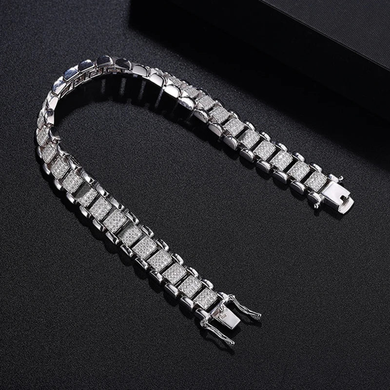 Moissanite Cuban Watch Bracelet Lab Diamond 925 Silver with White Gold Plated Tennis Bracelets for Women Man