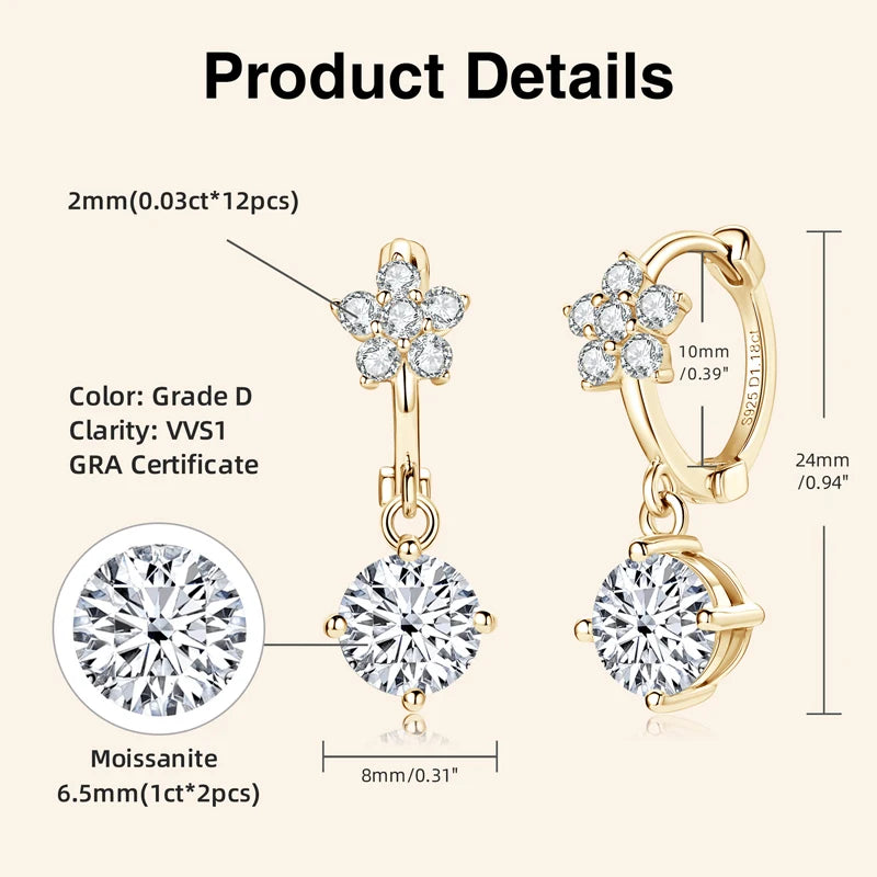 Moissanite Flower Earrings For Women 925 Sterling Silver