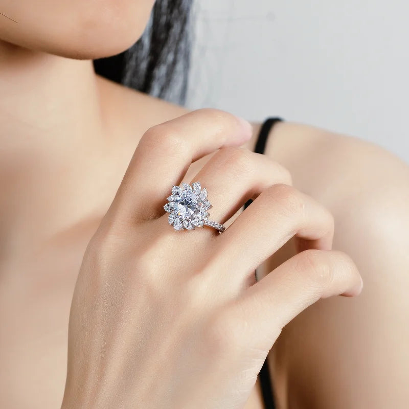 Oval Cut 2 Carat D Color Moissanite Diamond Vintage Flower 925 Sterling Silver Woman Ring