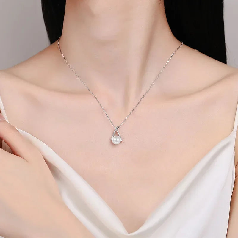 Valentine's Day 18K White Gold Necklaces Women Wedding 0.11CT Moissanite Diamond 8mm Pearl PT950 Platinum Girl Birthday Gift
