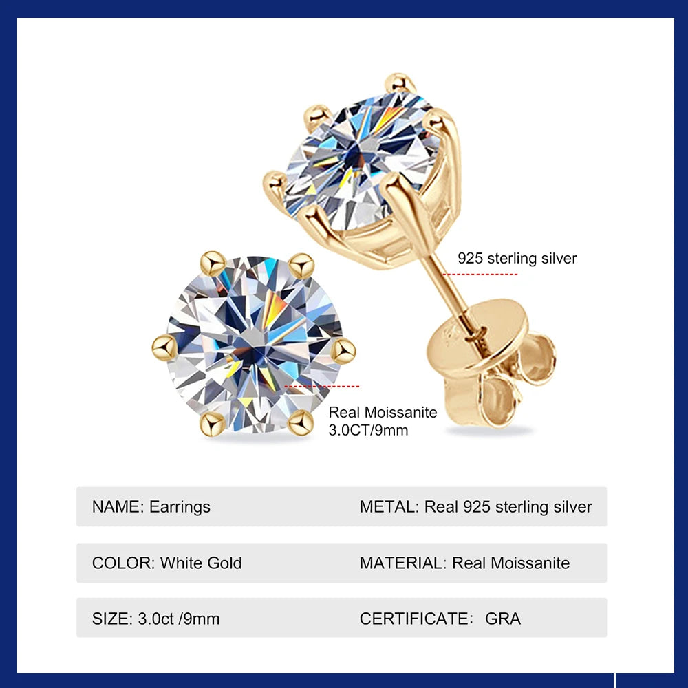 Luxury 3CT Moissanite Stud Earrings for Women Men 18K Yellow Gold Plated Orginal 925 Silver 9mm Diamond Earring Wedding Jewelry