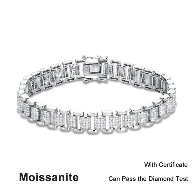 Moissanite Cuban Watch Bracelet Lab Diamond 925 Silver with White Gold Plated Tennis Bracelets for Women Man