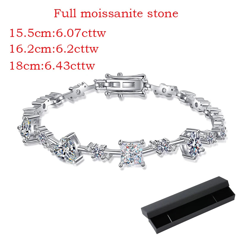 Moissanite Tennis Bracelet for Women 6.07-6.43CTTW Princess Cut Full Diamond S925 Sterling Silver Plated Platinum Bangle