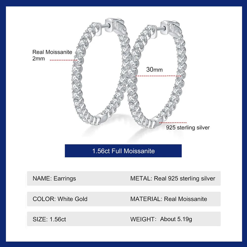 D Color Full Moissanite Hoop Earrings 925 Sterling Sliver Plated with White Gold 2mm Lab Diamond Earring for Women