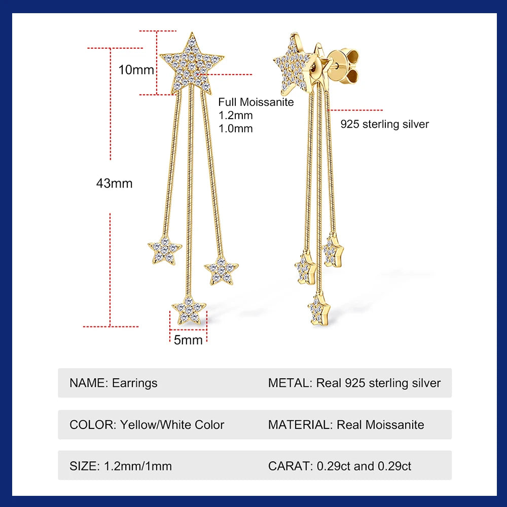 Dangle Earrings for Women Pure 925 Sterling Silver Dainty Star Tassel Drop Earrings Plated 14k Jewelry 0.58cttw Full Moissanite