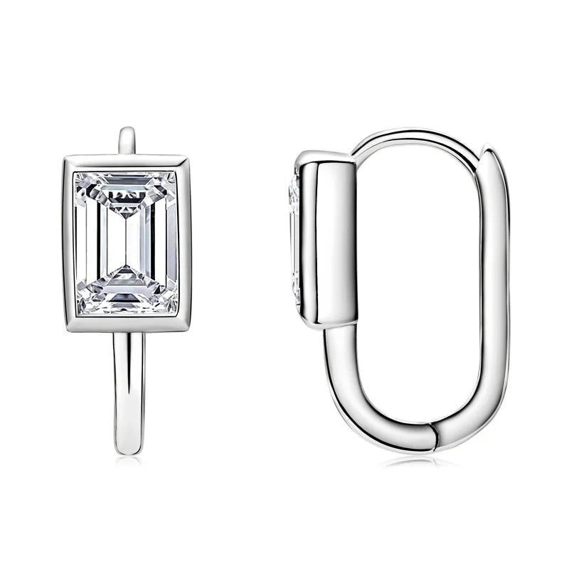 925 Sterling Silver U-shaped Hoop Earrings Emerald Cut 5*7mm Moissanite Earring