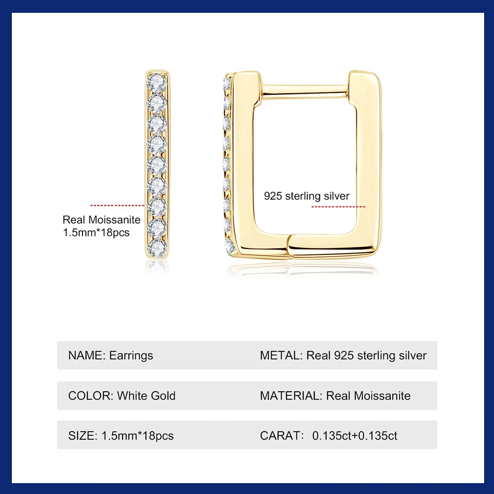 Moissanite Diamond Hoop Earrings for Women 100% 925 Sterling Silver 1.5mm Square Earring Sparkling Jewelry Gifts 18K Gold Plated