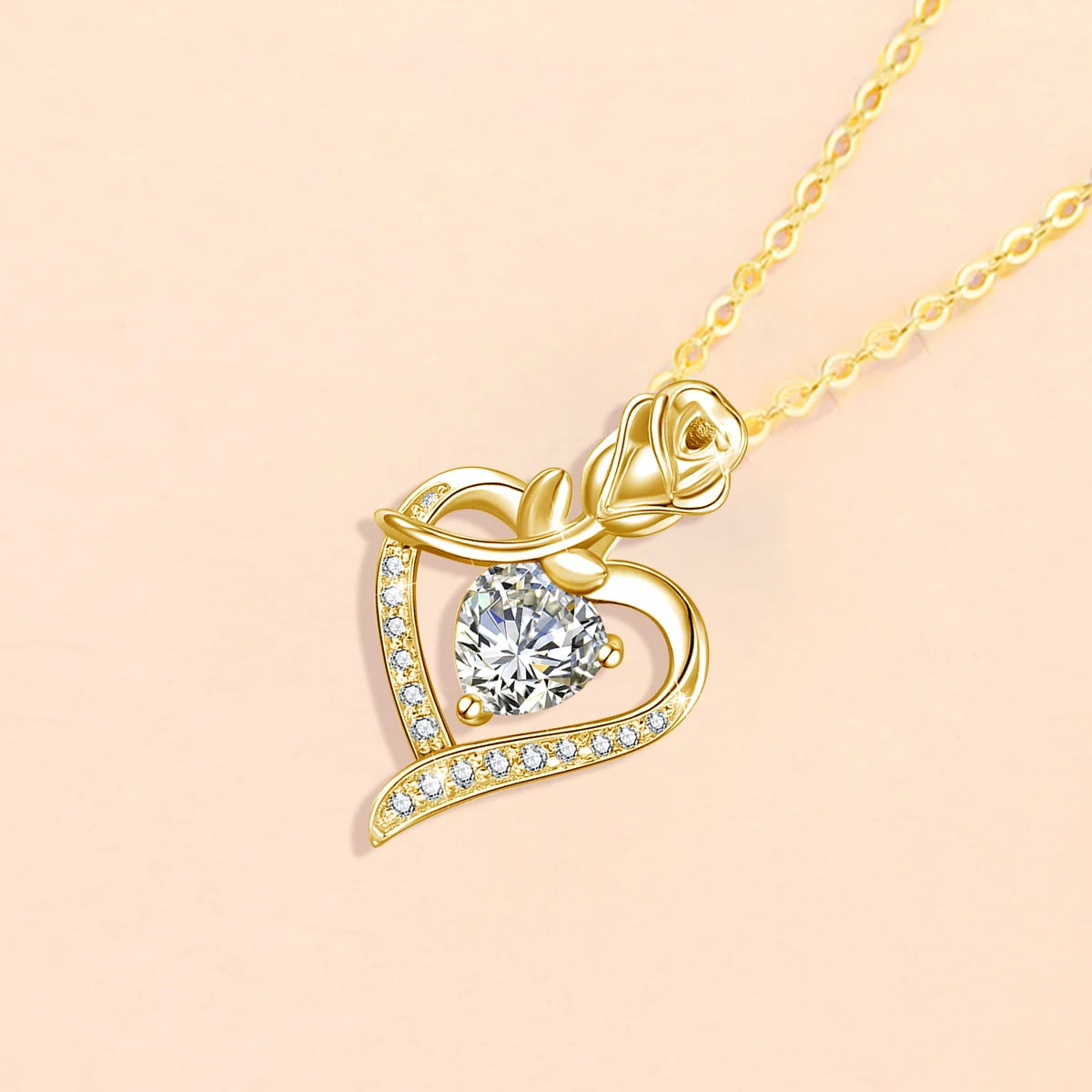 Moissanite Necklace For Women Heart Pendant Luxury Rose Flower