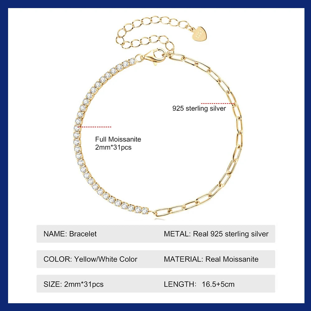 Moissanite Tennis Bracelet for Women 2mm  Luxury 925 Sterling Silver Tennis Chain Bracelet 2024 Trendy Accessories Jewelry Gifts