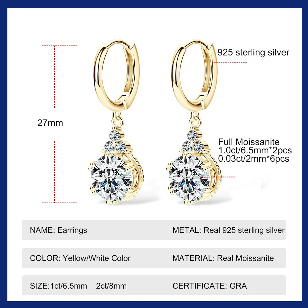 Moissanite Drop Earrings For Women Sparkling Lab Diamond 1CT 2CT 18K Gold Plated 925 Sterling Silver Dangle Earring