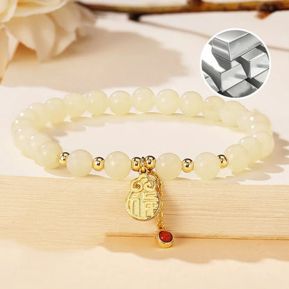 925 Sterling Silver Women's White Jade Crystal Beaded Hetian Jade