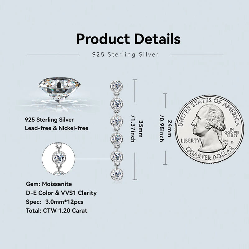 925 Sterling Silver Long Tassel Earring 3MM Moissanite