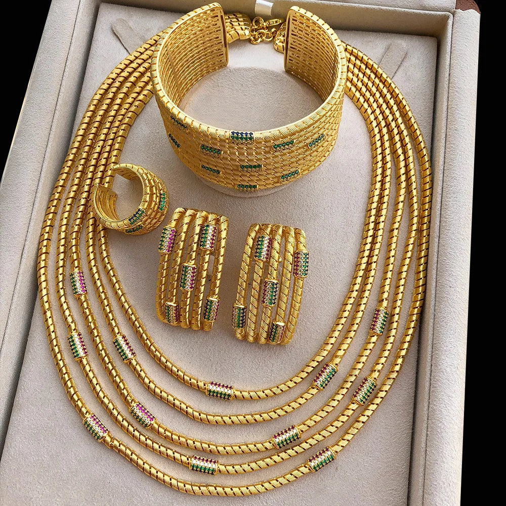 Luxury 4pcs Multi Layers African Jewelry Sets For Women Wedding Necklace Earring Bangle Ring Jewelry Trendy HOT New