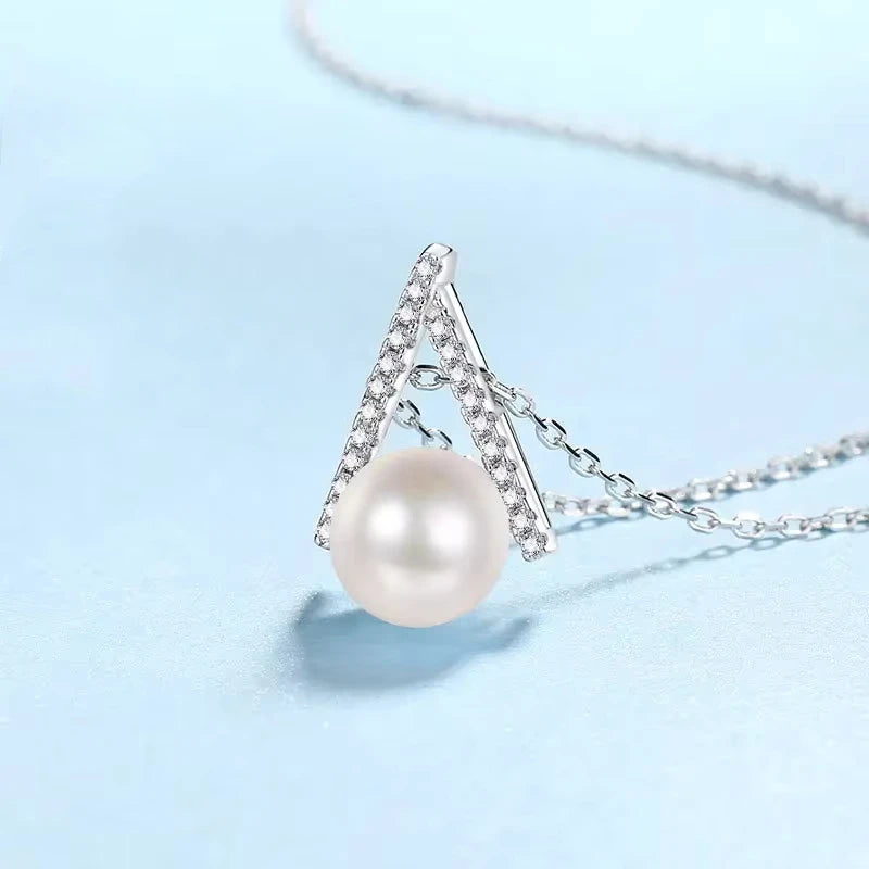 Engagement 18K White Gold Necklaces for Women Wedding 0.11 Carat Moissanite Diamond 8mm Pearl Pendant Girl Birthday Gift Jewelry