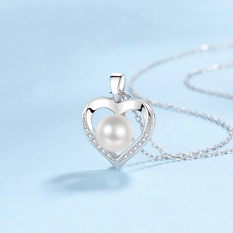 Girl Adult's Day White Gold 18K Necklaces 0.96CT Moissanite Diamond 9mm Pearl Heart Pendant Women PT950 Platinum Birthday Gift