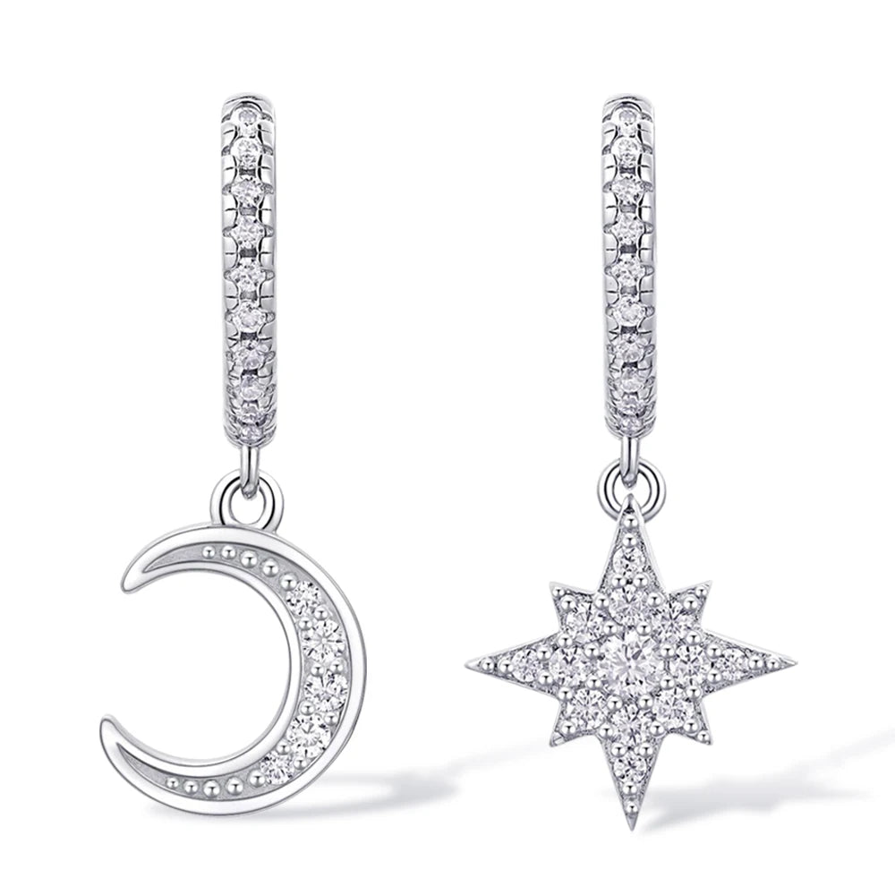 Full Moissanite Earrings 925 Sterling Silver Star Moon Asymmetric Hoop Earrings for Women Girls Party Jewelry Gifts