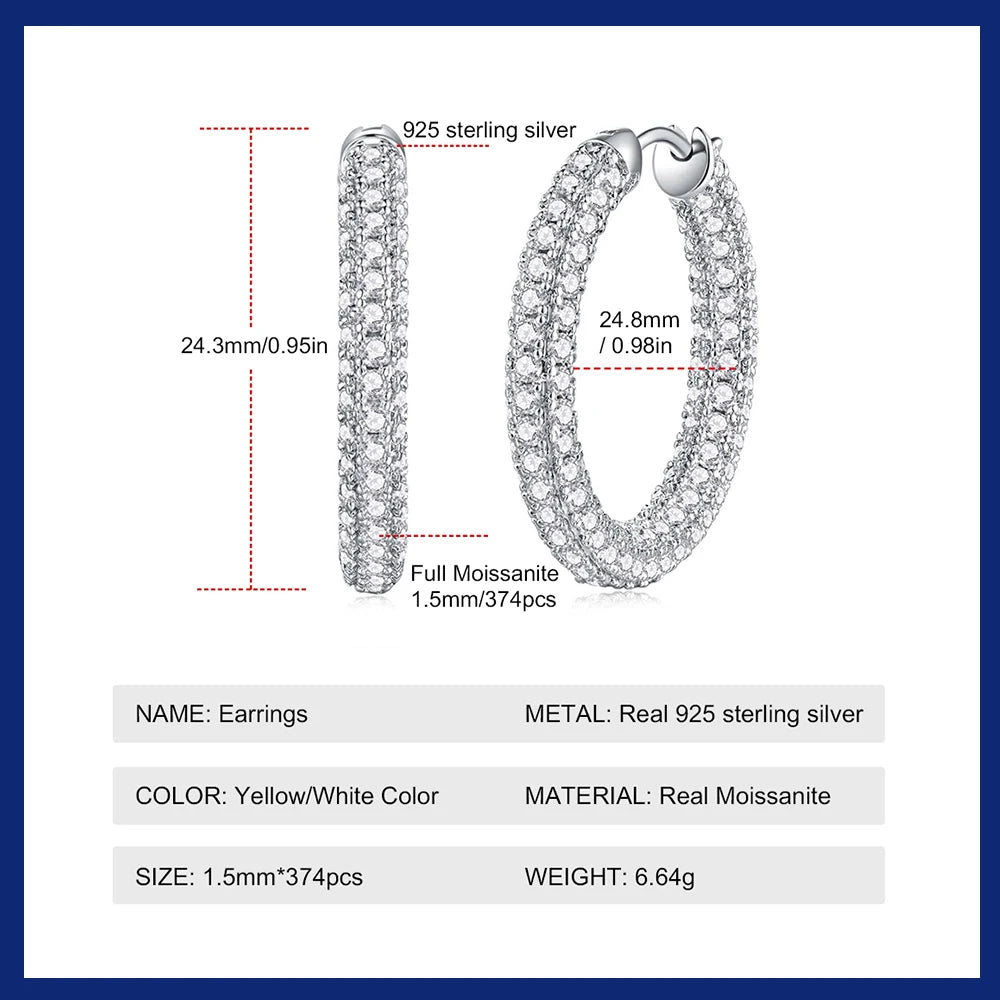 Moissanite Sparkle Hoop Earrings for Women Solid 925 Sterling Silver 1.5mm Hypoallergenic Earrings with 18K White Gold Plated