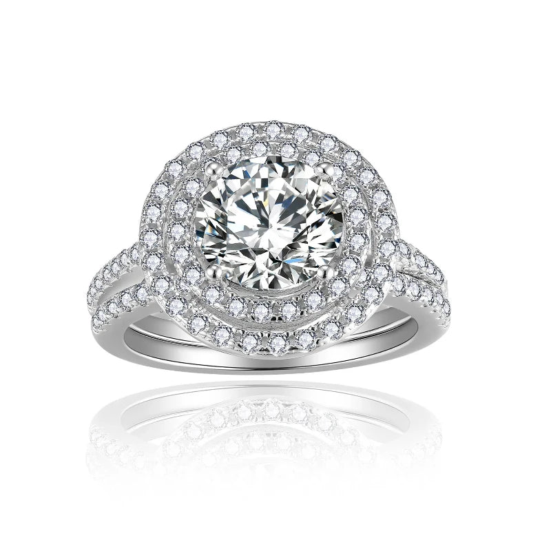 All Moissanite Ring Set for Women 8mm Round 2 Carat Engagement Double Layered Round Bag Stacked and Arranged for Wearing