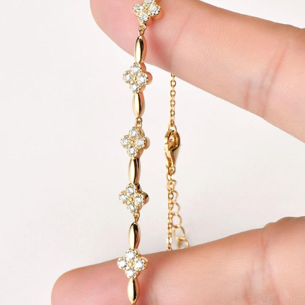 925 Sterling Silver Flower Clover Moissanite Bracelet for Women 18k Gold Plated Fine Jewelry Gift GRA Certified