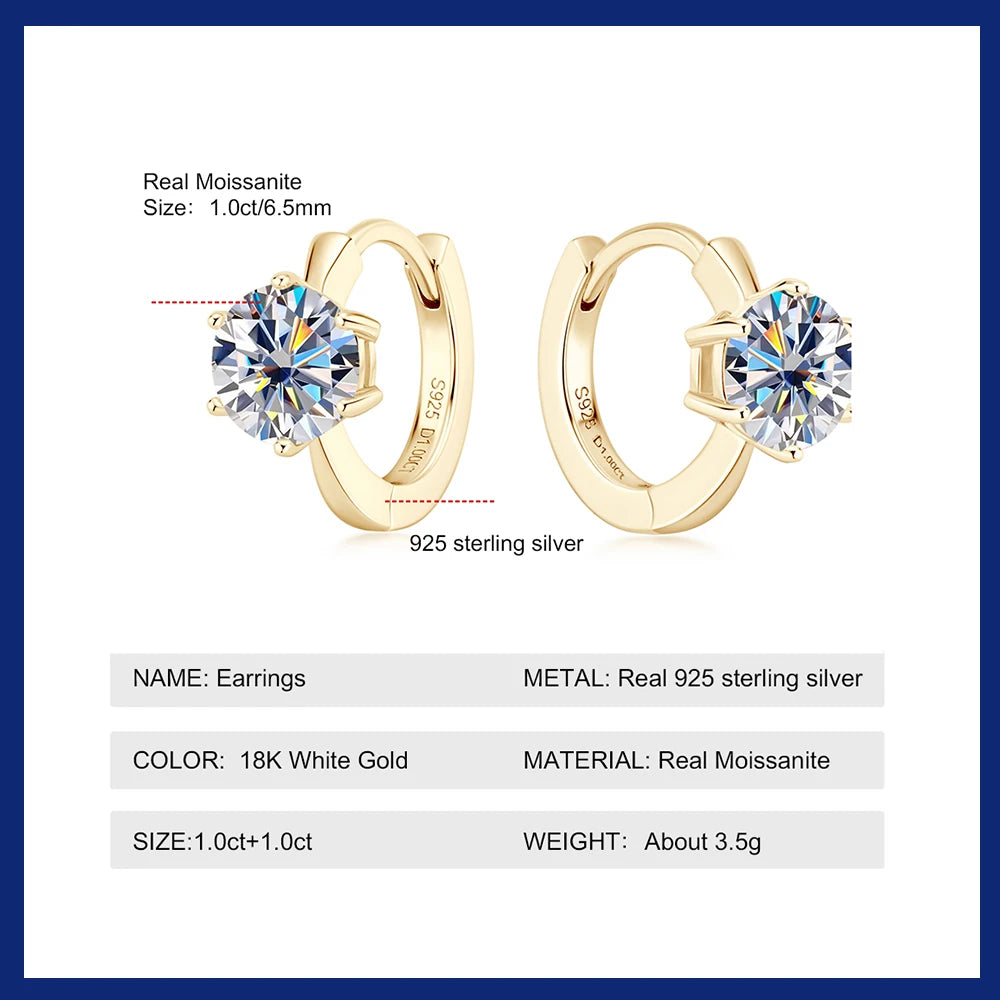 Stud Earring for Women 100% S925 Silver Gold Color Diamond Earrings Trendy Jewelry 1 Carat Classic 6 Claw Moissanite
