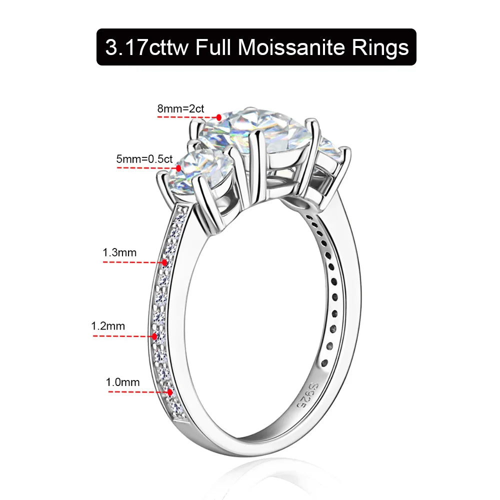 3.17ct D Color All Moissanite Rings For Women Wedding Bridal 100% S925 Sterling Silver Plated 18K