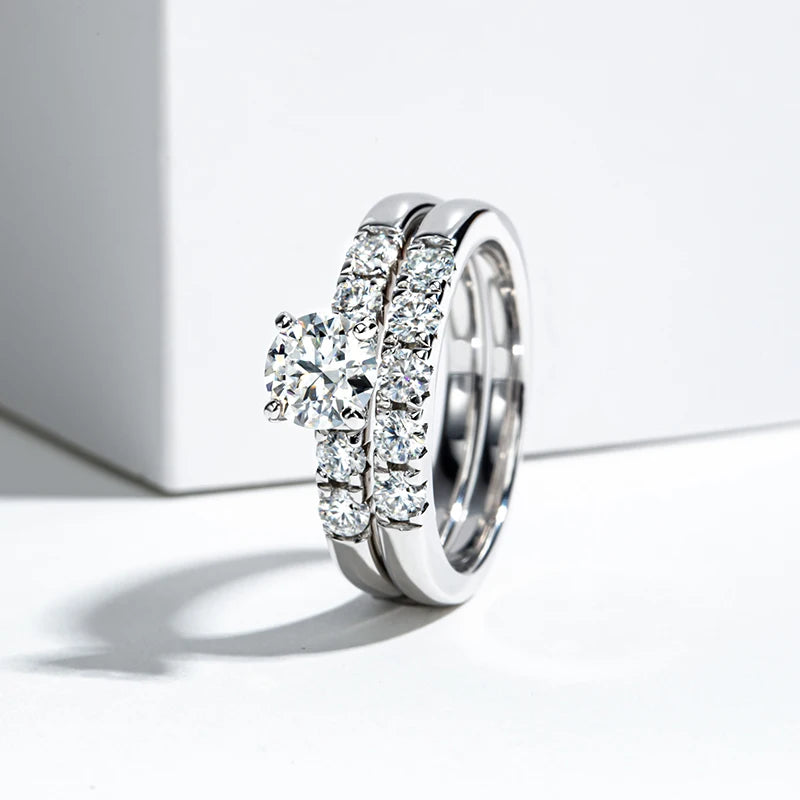 925 Silver Rings Set Round 1 Carat D Color All Moissanite Diamond Wedding Rings for Women