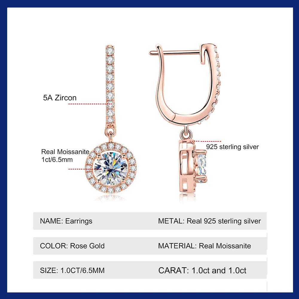 Moissanite Earrings for Women 100% 925 Sterling Silver Plated 1 Carat D Color 14k Gold Wedding  Jewelry with GRA Certified