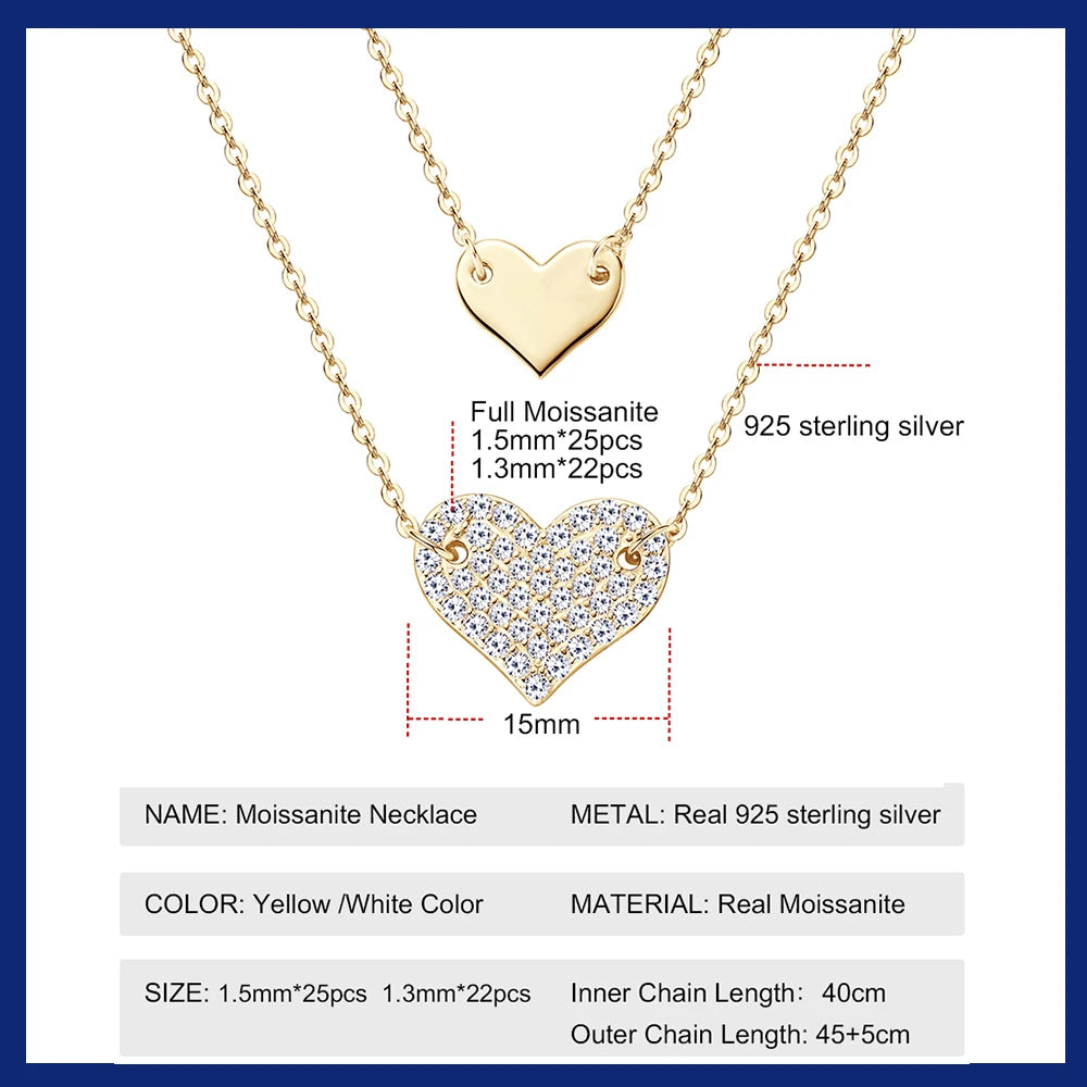 Full Moissanite Heart Pendant Necklace Original 925 Sterling Sliver Double Layered Clavicle Chain For Women Plated 18k Jewellry