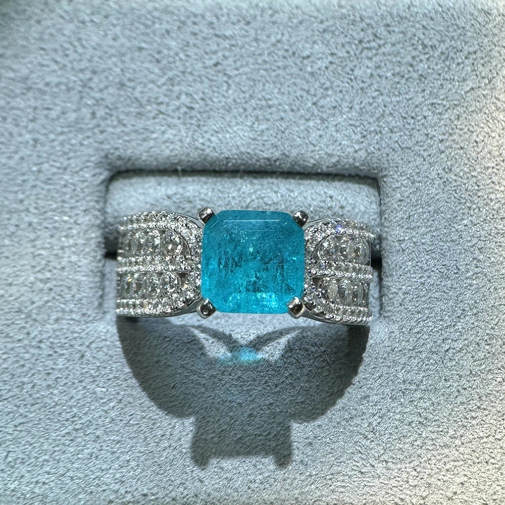 Asscher Cut 2.5CT Real Moissanite Paraiba Tourmaline Emerald Ring Engagement 925 Sterling Silver