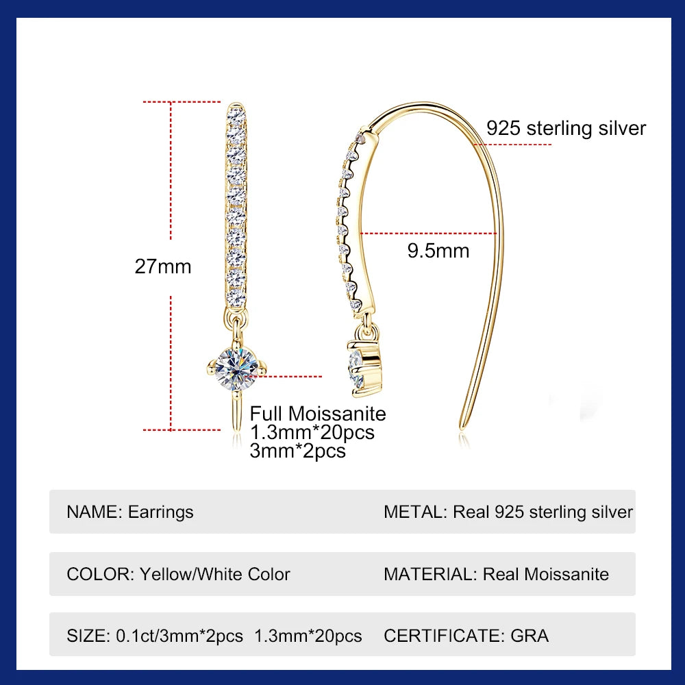 18K Plated Full Moissanite Earrings for Women Original Certified 925 Sterling Silver U-shaped Stud Earring