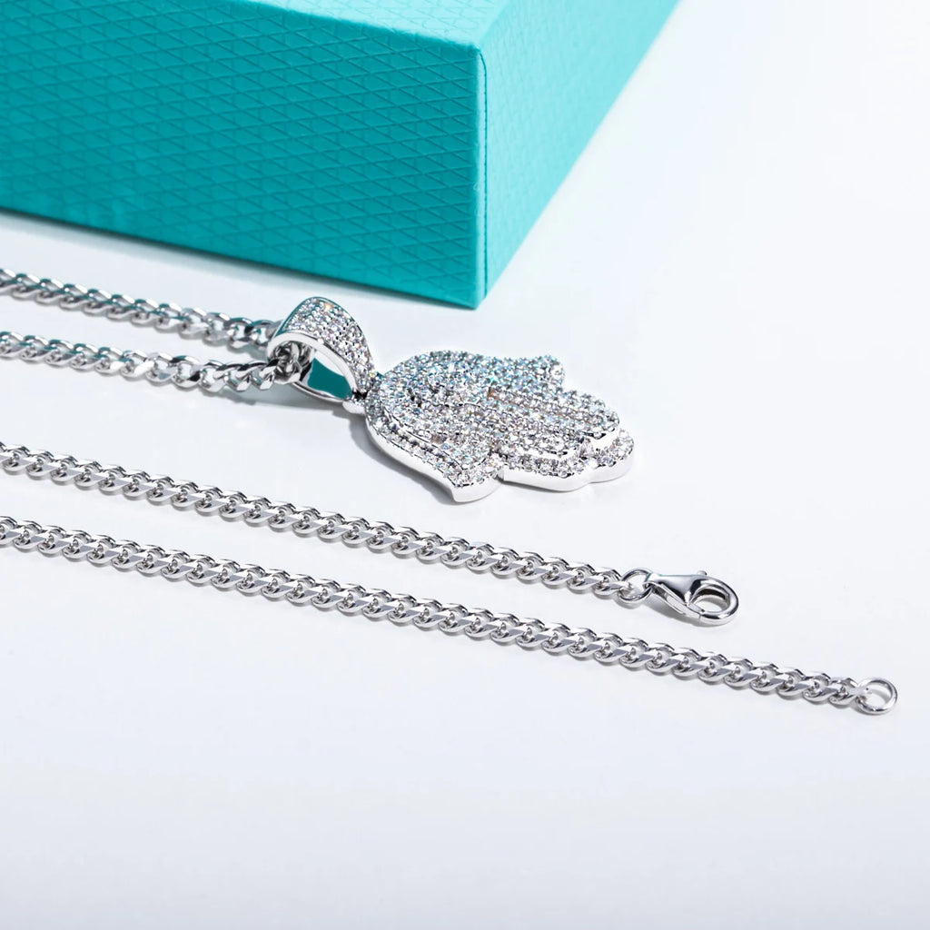Iced-Out Moissanite Palm Pendant – 925 Silver Hip Hop Necklace